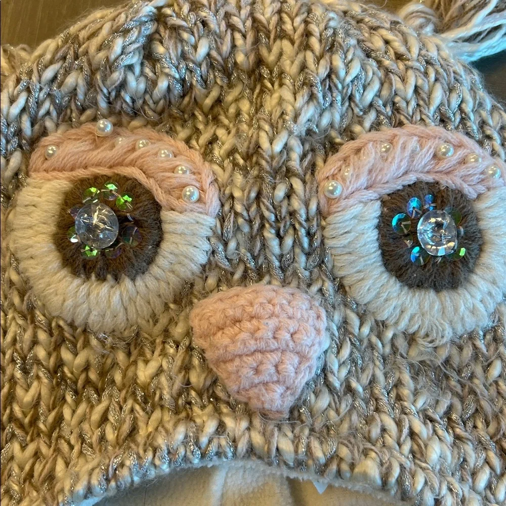 Claire's Owl Knit Hat and Mittens‎ Set in Gray and Pink